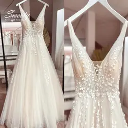 Simple Wedding Dress Organza With Embroidery 3dflower A-Line Ballgown V-Neck Sleeveless Beach Customized Button Vestido De Novia