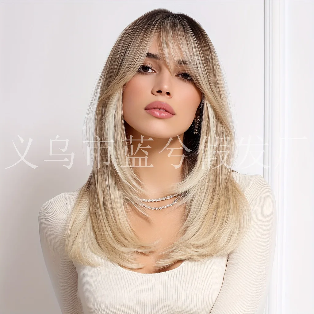 

Натуральный прямой синтетический парик средней длины с золотистым градиентом, элегантного стиля, подходит для вечеринок и повседневной носки.