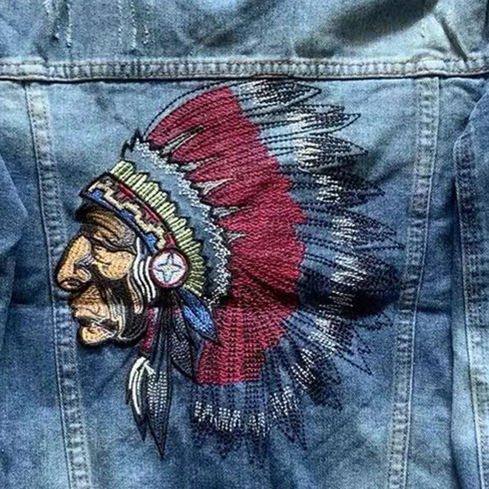 Indian Chief Embroidery Denim Jackets Men, Retro Blue Streetwear, Ripped Slim Coat, Casual Motorcycle Outwear, Spring and Autumn