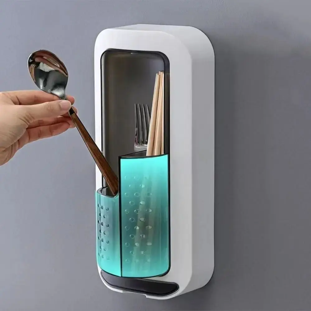 Wall Mounted Rotatable Toothbrush Holder Dustproof Oil-Resistant Tableware Storage Rack Rotating Punch-Free Chopsticks Cage