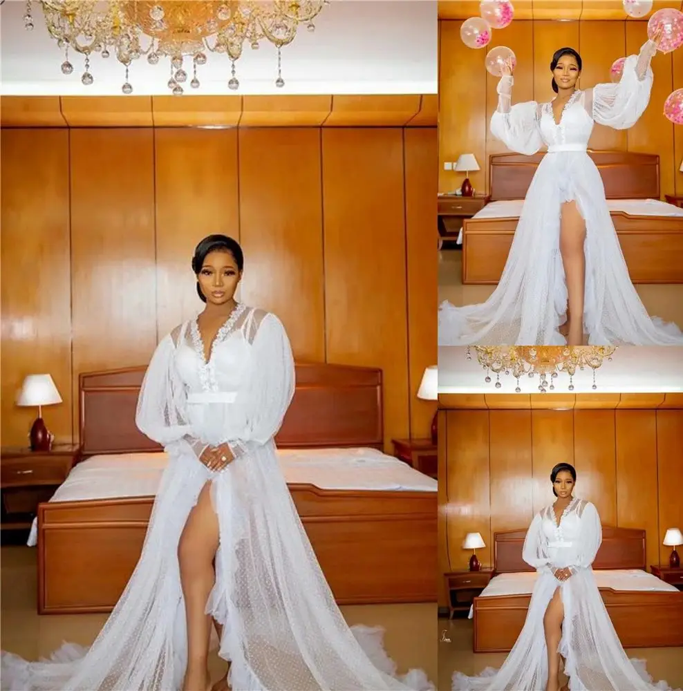 

White Illusion Ruffles Tulle Long Sleeve Bridal Winter Sexy Kimono Pregnant Party Sleepwear Customized Bathrobe Nightgown Robe
