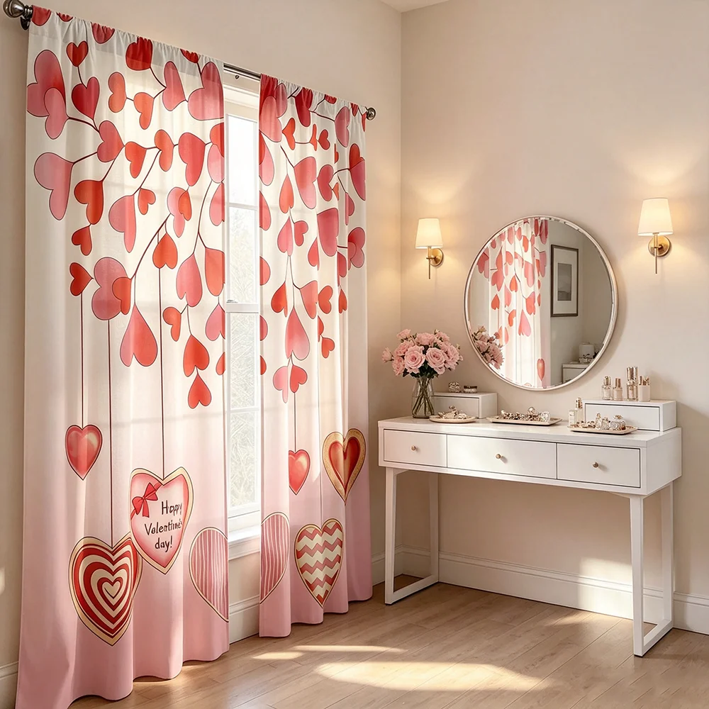 Heart Gradient Pink White Branch Curtains, Rod Pocket, Polyester, Home Decor, Bedroom Living Room, Girly Home Decor, Home Decor