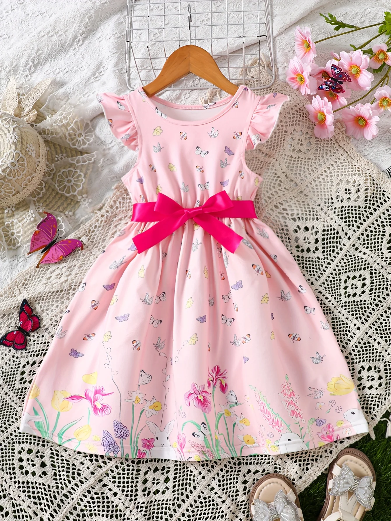 الفتيات الصيف عارضة أزياء متماسكة يطير كم كشكش فراشة الأرنب تحديد المواقع الطباعة الرقمية اللباس الأزهار الأرنب الشاطئ عطلة حزب هدية مع شريط من الساتان