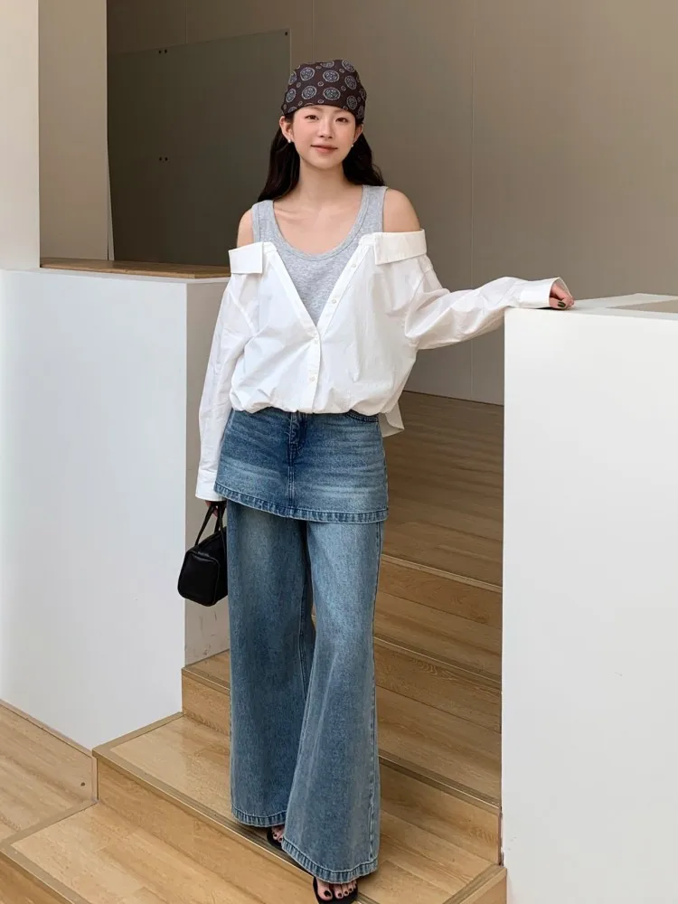 Korean Style Women Loose Fake Two-piece Spliced Jeans Retro Straight Full Length Denim Pant High Waisted Casual Long Trousers