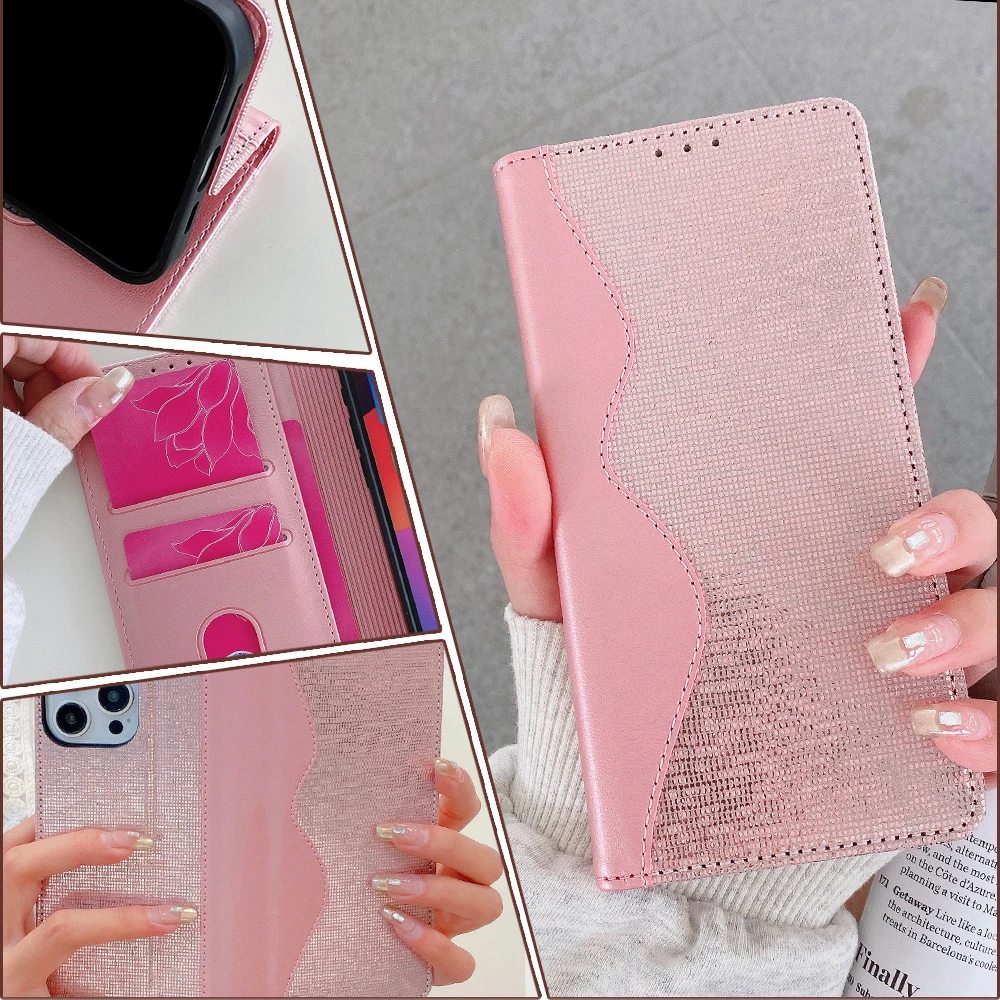 Fashion Contrasting Color Magnetic Flip Wallet Case for iPhone 16 15 14 13 12 11 Pro Max X 8 7 6S Plus SE3 Leather Glitter Cover