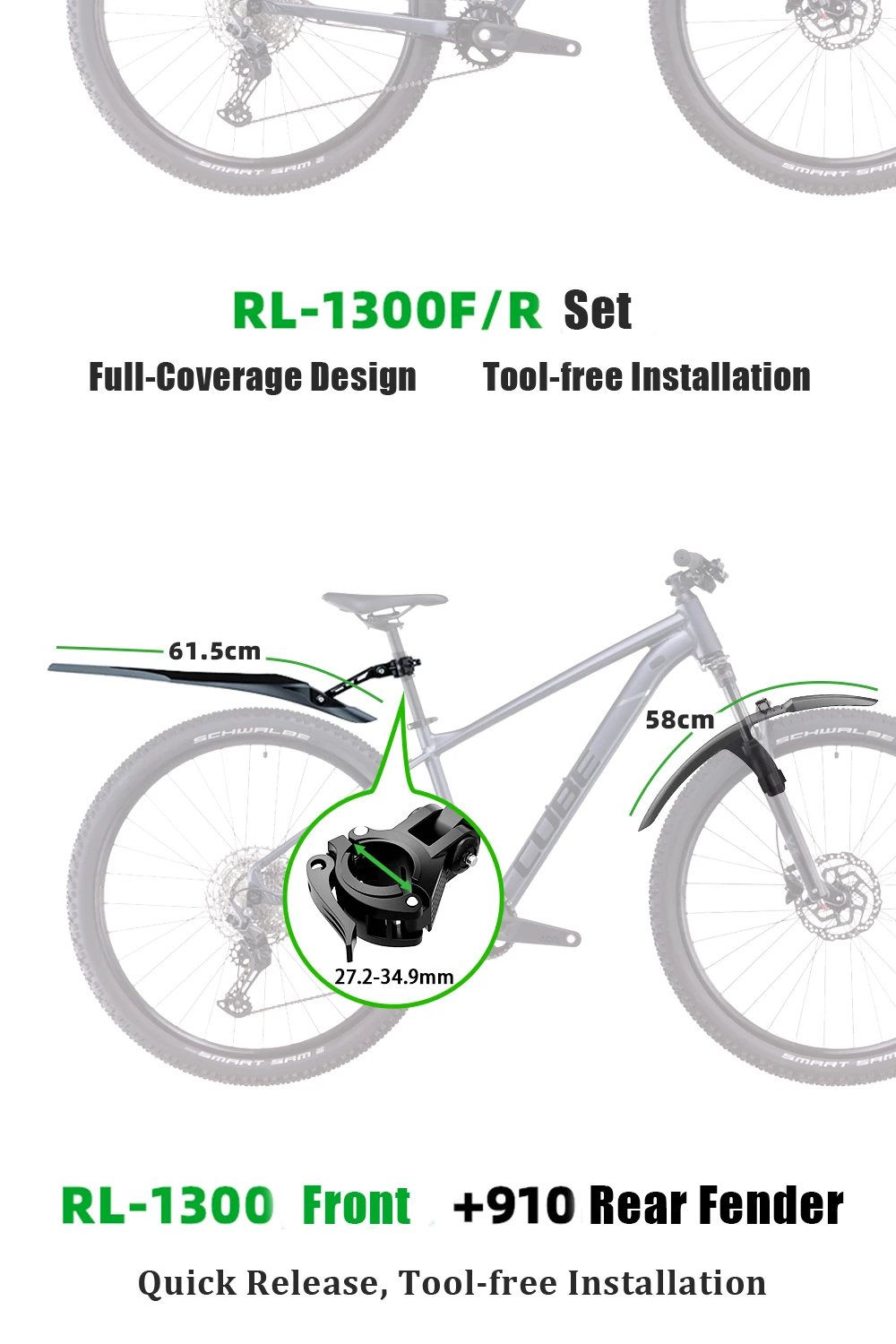 RBRL Extended Widen Fahrradschutzblech, kompatibel mit 7,6 cm Reifenbreite 26–29, vollständiger Abdeckung, spritzwassergeschützter Mountainbike-Schutzblech – Detail 6