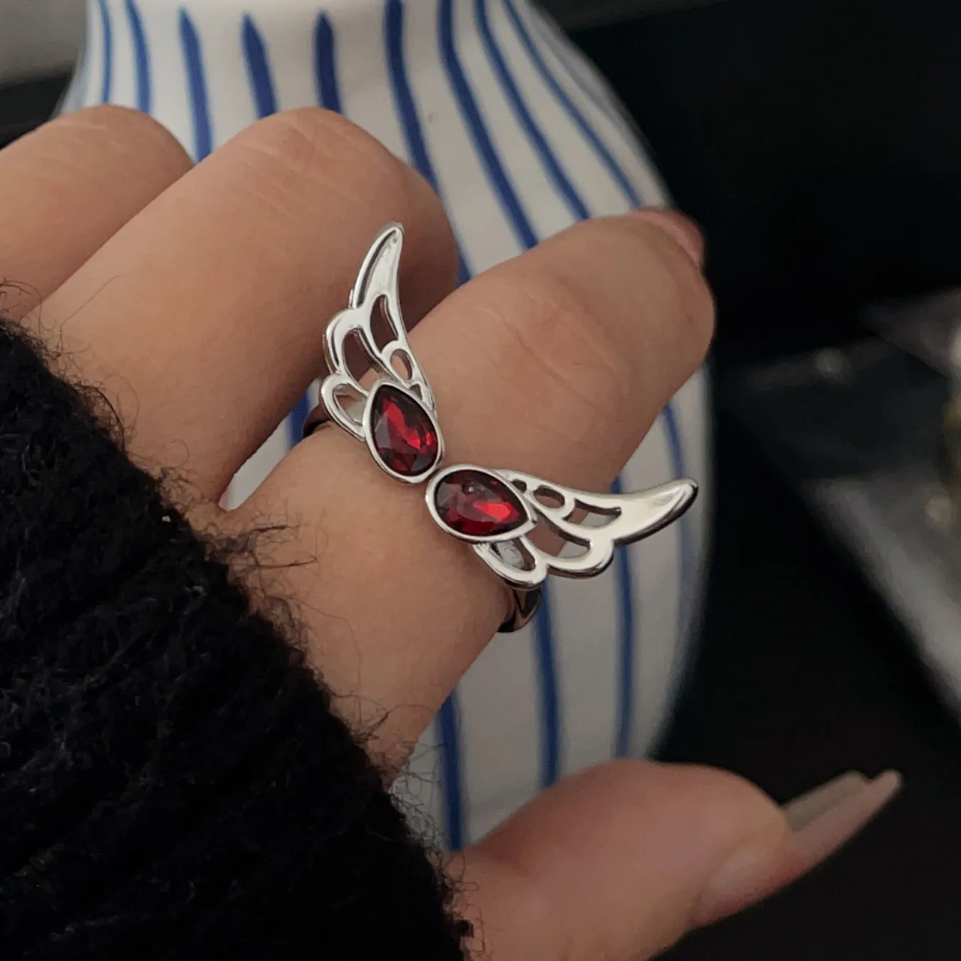 

925 Sterling Silver Rings For Women Geometric Fine Jewelry Finger Adjustable Simple Wing Red Stone Ring For Party Birthday Gift