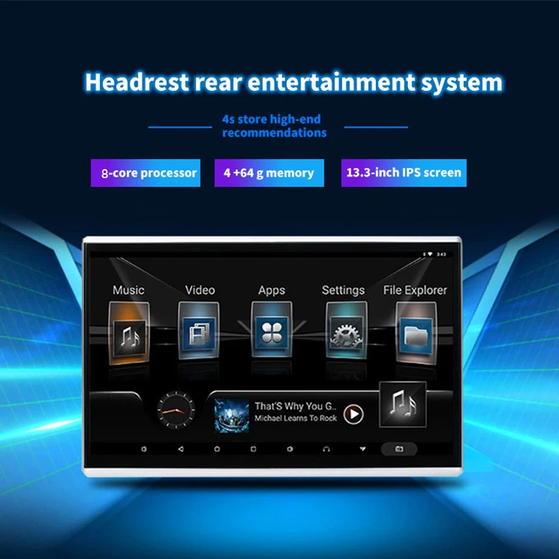 Android 13.3 Inch Universal Rear Seat Entertainment 1920*1080 IPS Touch Screen Car Headrest  4+64G Multi-Media Player