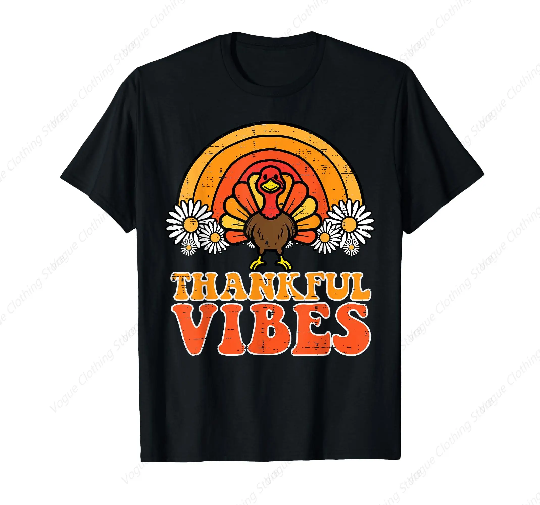 Thankful Vibes Turkey Rainbow Funny Retro Thanksgiving Women T-Shirt Fashion Short Sleeves Sport Leisure Soft Tops