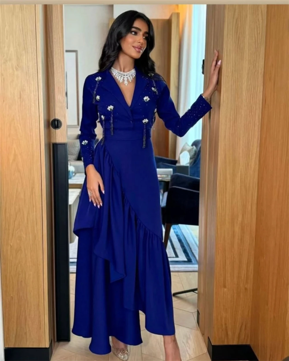 

Customized Evening Dress Classic Blue Jersey V-Neck Off the Shoulder Long Sleeves Ankle Length Crystal Ruched Party Dresses