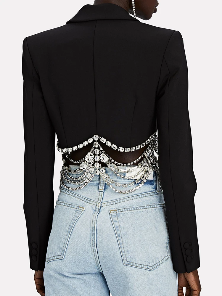 TWOTWINSTYLE-Chaqueta ajustada con cadena de diamantes para mujer, Blazer de manga larga con cuello con muescas, estilo informal, color liso