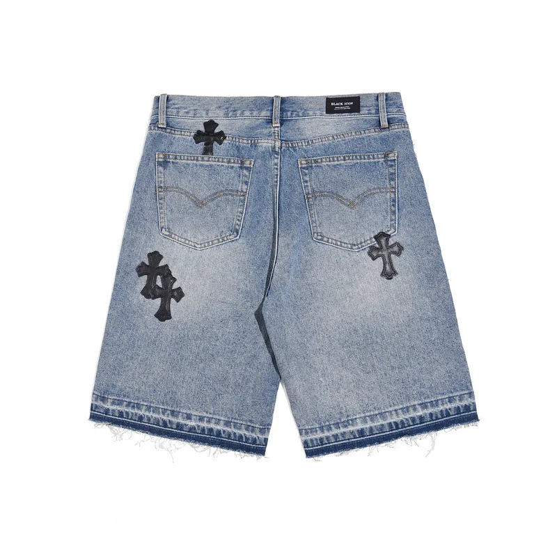 High Street Embroidered Leather Cross Denim Shorts Men's Washed Raw-edged Straight Jeans Shorts Capris