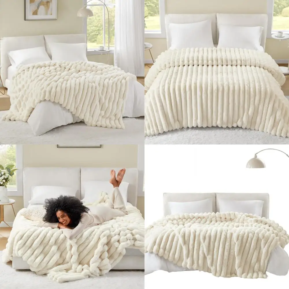 

Queen Size Plush Striped Throw Blanket - Luxuriously Soft, Warm 750GSM Faux Rabbit Fur for Bedrooms & Living Spaces