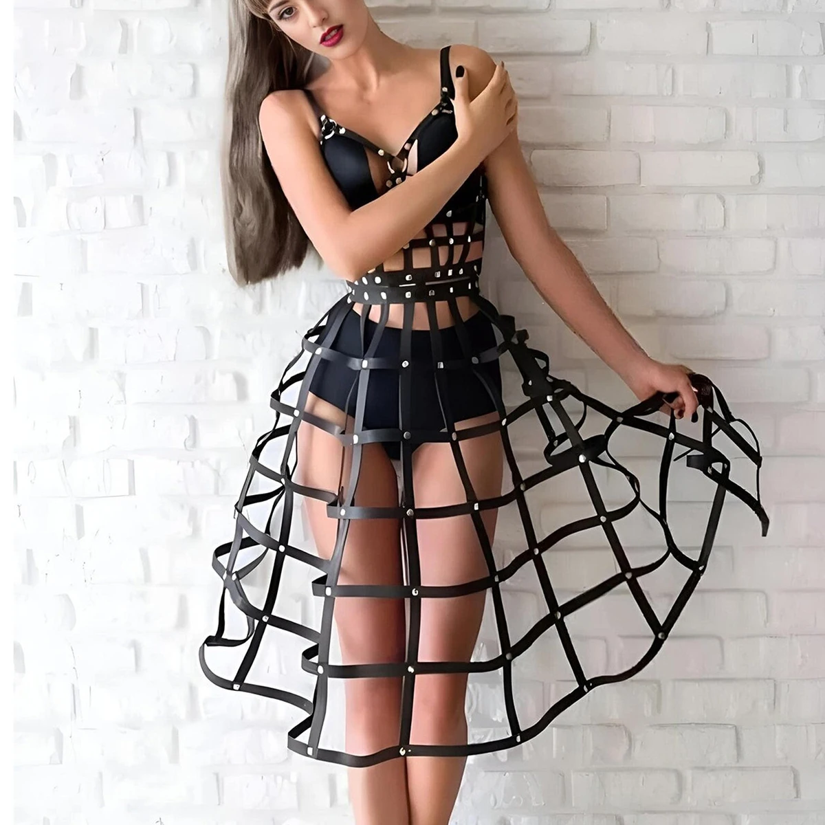 Women Sexy Leather Dress, Bondage Dress, Corset Dress, Leather Harness Dress Clothing, Dress, Caged, Mature Exotic Clothing