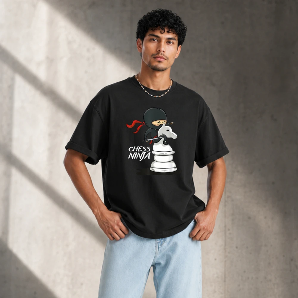 Chess Ninja Knight Cartoon Graphic T Shirt Men Vintage Cotton Tee Funny Chess Player Board Game Hobby Gift Casual Streetwear Tee