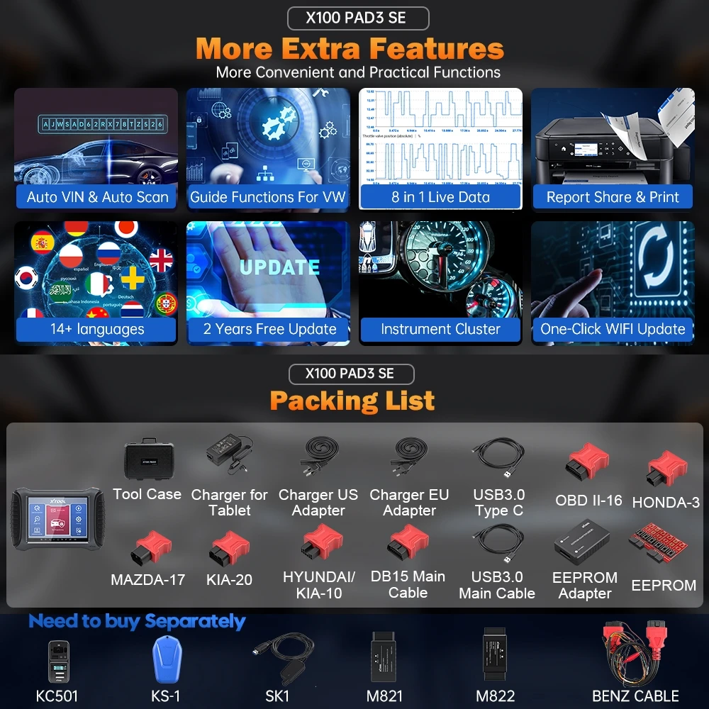 XTOOL X100 PAD3 SE Programmatore di chiavi automatiche con KC501 per benz/GM Tutte le chiavi perse Strumenti diagnostici automatici CAN FD integrati