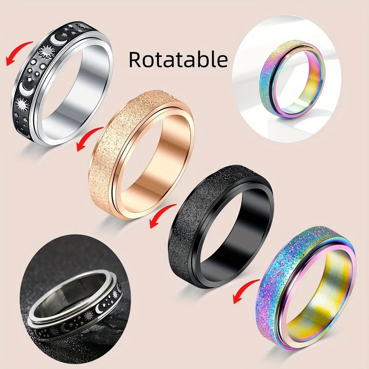 4 Pcs Stainless Steel Fidget Spinning Rings Available in Sizes 6-10, Featuring a Fun Double-Layered Rotating Design