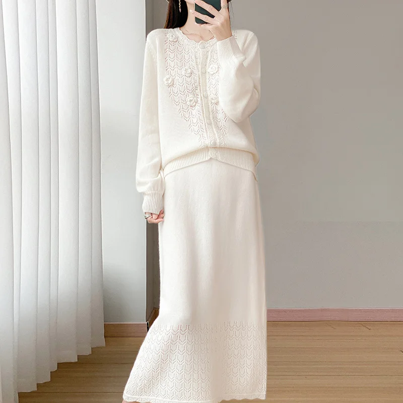 FRSEUCAG New women's 100% wool set, high-end knitted long sleeved cardigan sweater, versatile women's long skirt two-piece set