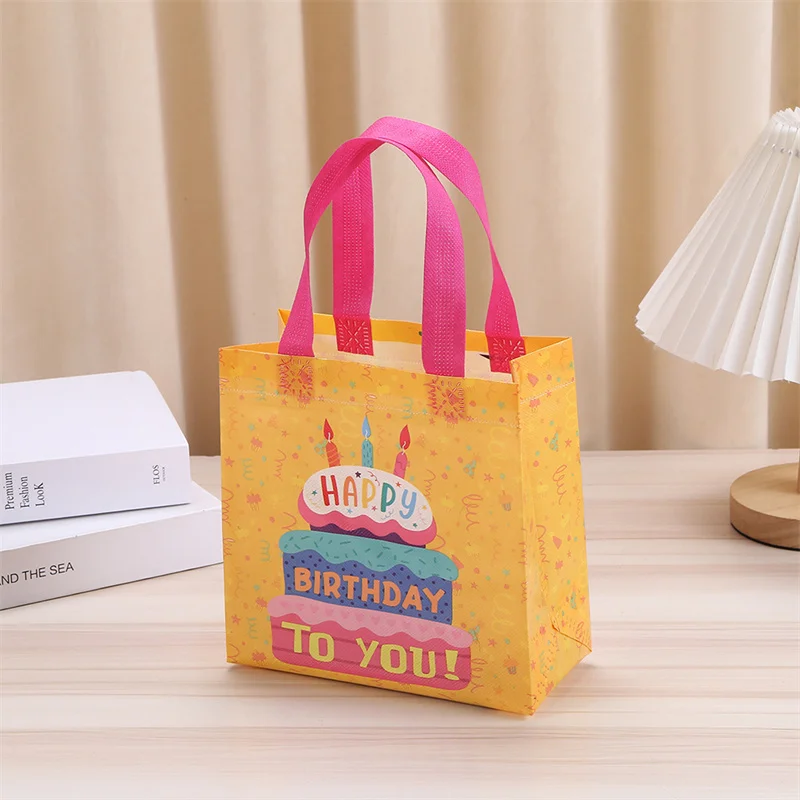 StoBag 24pcs Happy Birthday Non-woven Tote Bags Fabric Gift Package Kids Child Waterproof Storage Reusable Pouch Party Favors