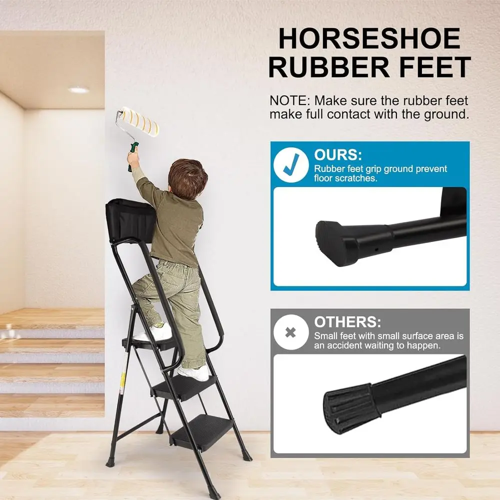 Ladder with Handrails, 500 Lbs Capacity, Folding Step Stool Ladder, Attachable Tool Bag, Lightweight & Storage, Multi-use for Ho