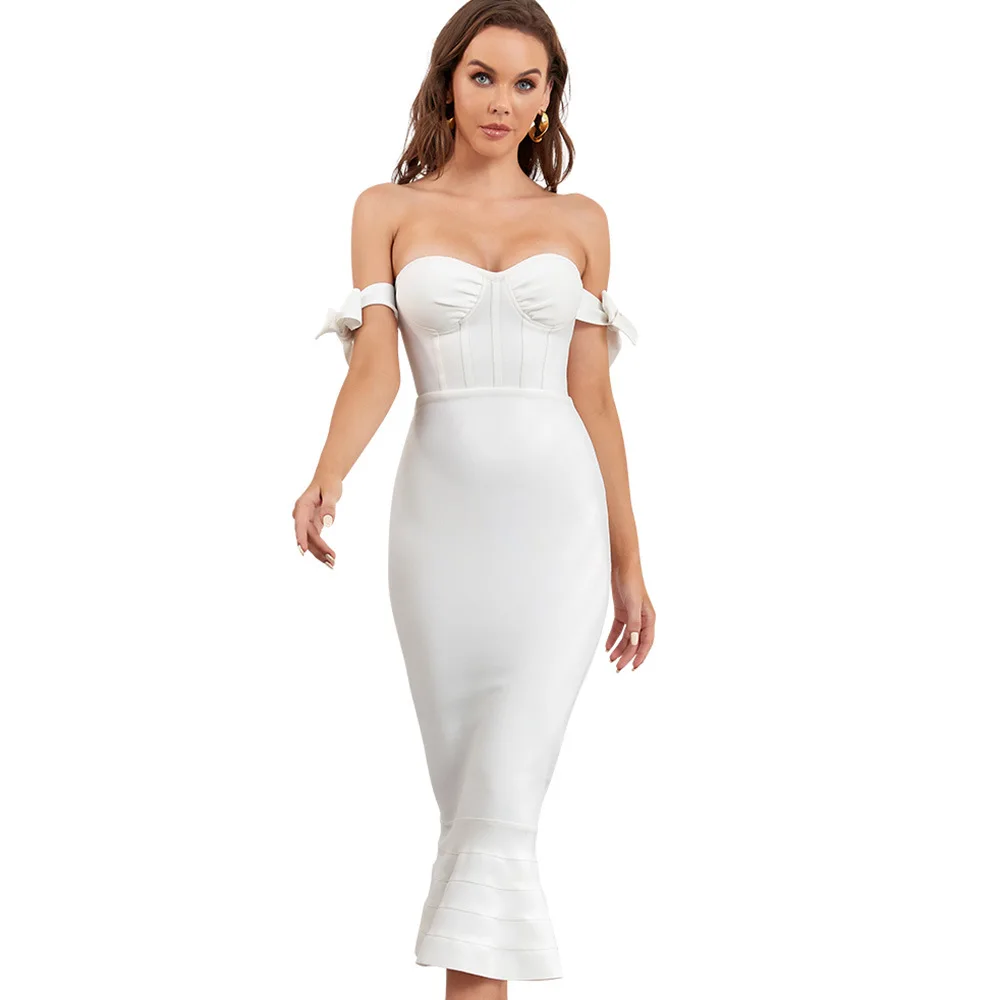2026 Lunghezza caviglia Spalla Top a tubo Fasciatura sexy Abito a coda di pesce Cinghie strette Abito da sera per banchetti Abbigliamento da donna