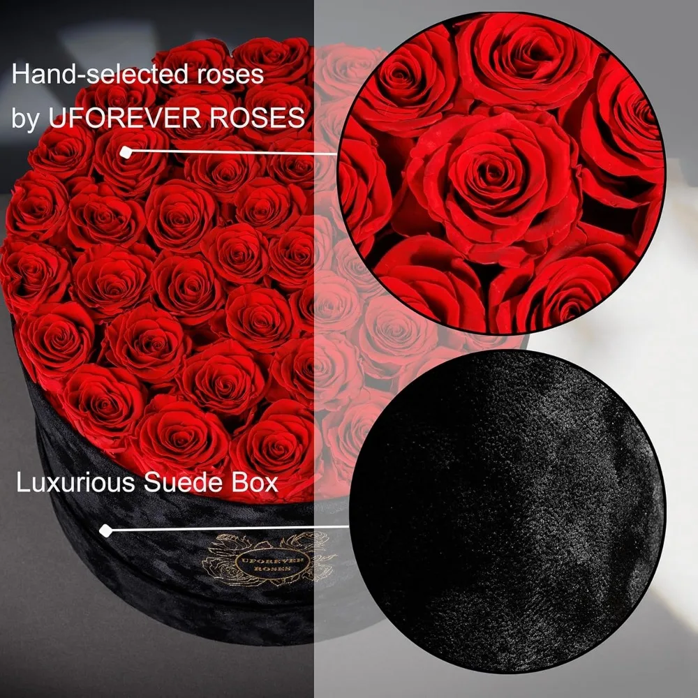 40 وردة محفوظة في صندوق من جلد الغزال، هدية زهور عيد الأم للنساء، أحمر طويل الأمد #5