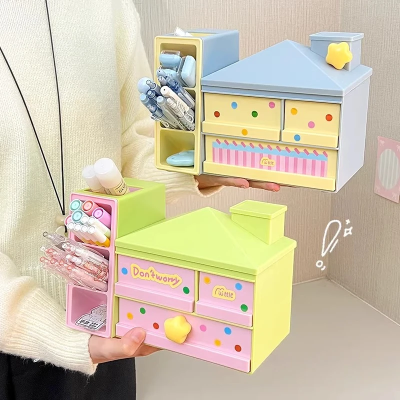 Cute House Shape Desk Organizer with Drawers Pen Holder Stationery Storage Box for Office Home School Girls