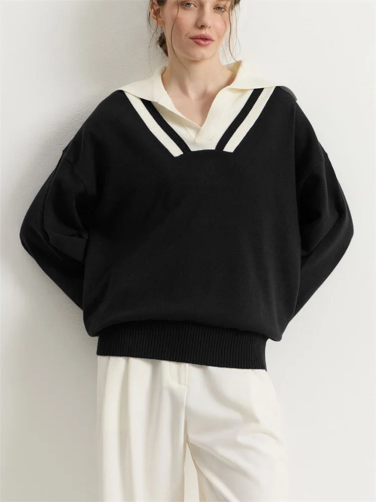 

Tossy Elegant Knitwear Sweater Pullover Female Lapel Contrast Fashion Commute Elegant Knit Inner Sweater Women Autumn Pullovers
