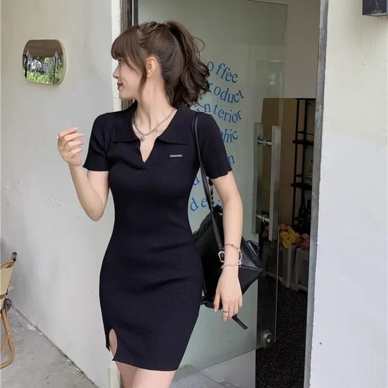 Sexy Kurzarm Mini Gestrickte Split Bodycon frauen Kleider Retro Günstige Casual Vintage Koreanische Mode Kurvige Weibliche Kleid Verkauf