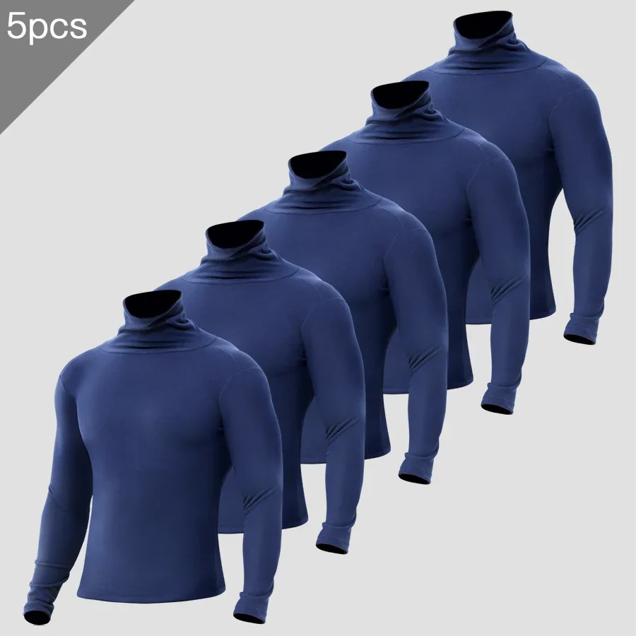 

5PCS Men's thermal long-sleeved undershirt with fleece lining, thickened. It has a medium to high neck, providing warmth and pro