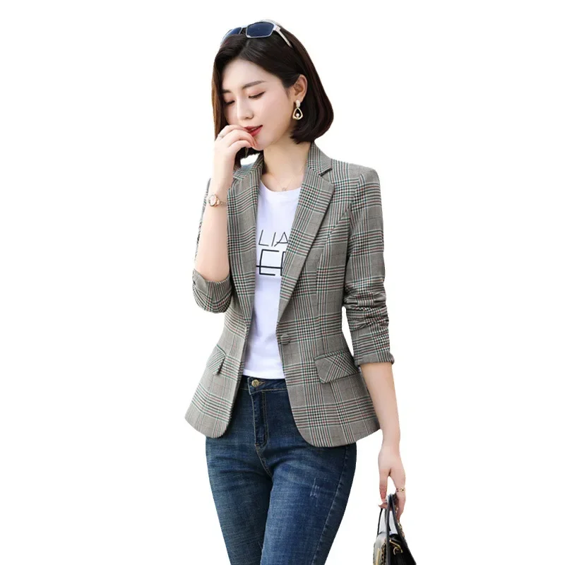 2026 New Women's Gray Striped Plaid Suit Jacket, Fashion Slim Coats V-Neck Single Button Ladies Blazers S-4XL