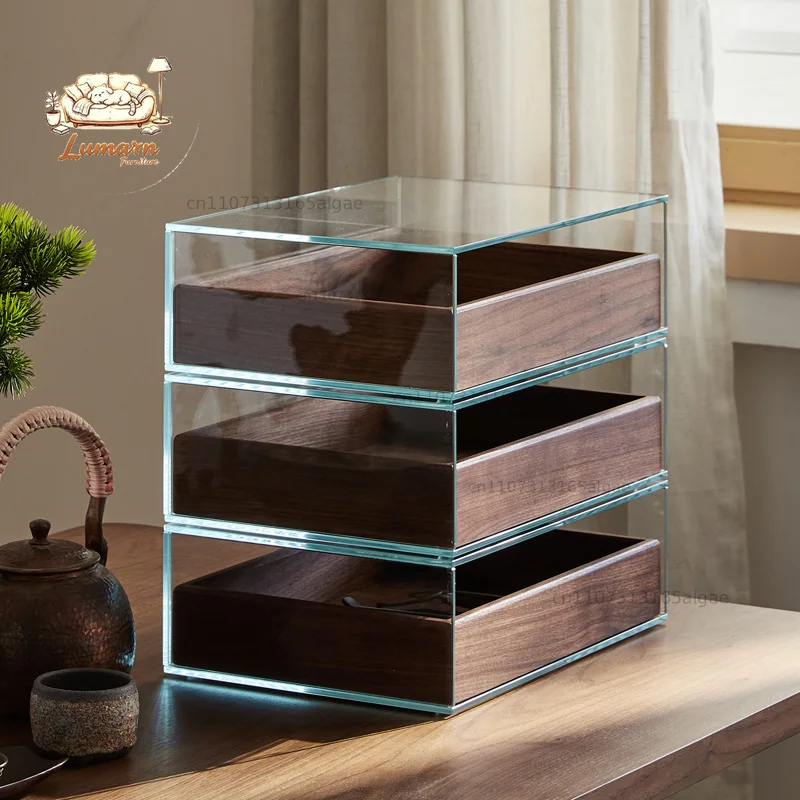 Black walnut solid wood tempered glass desktop storage box