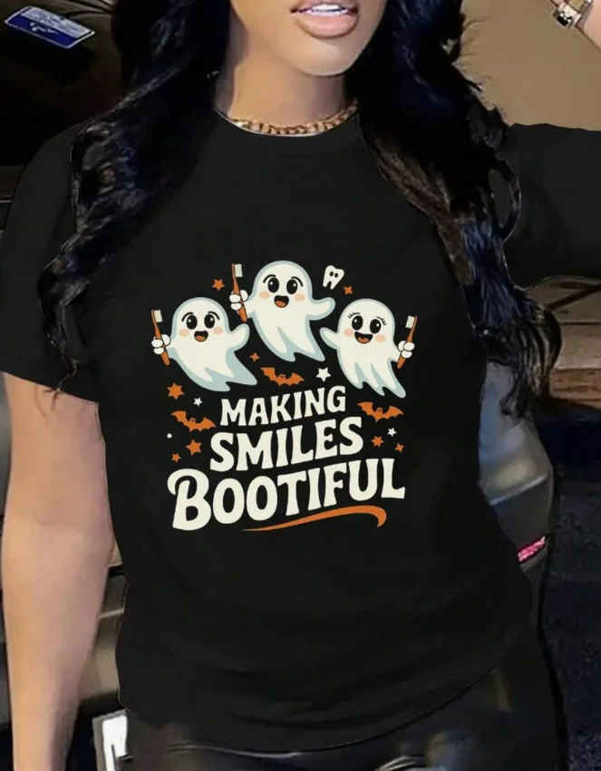 2026 Fashion New Women Crew Neck T Shirt Halloween Ghost Dentist Making Smiles Bootiful Graphic 100% Cotton Oversized Casual Basic Top Tee