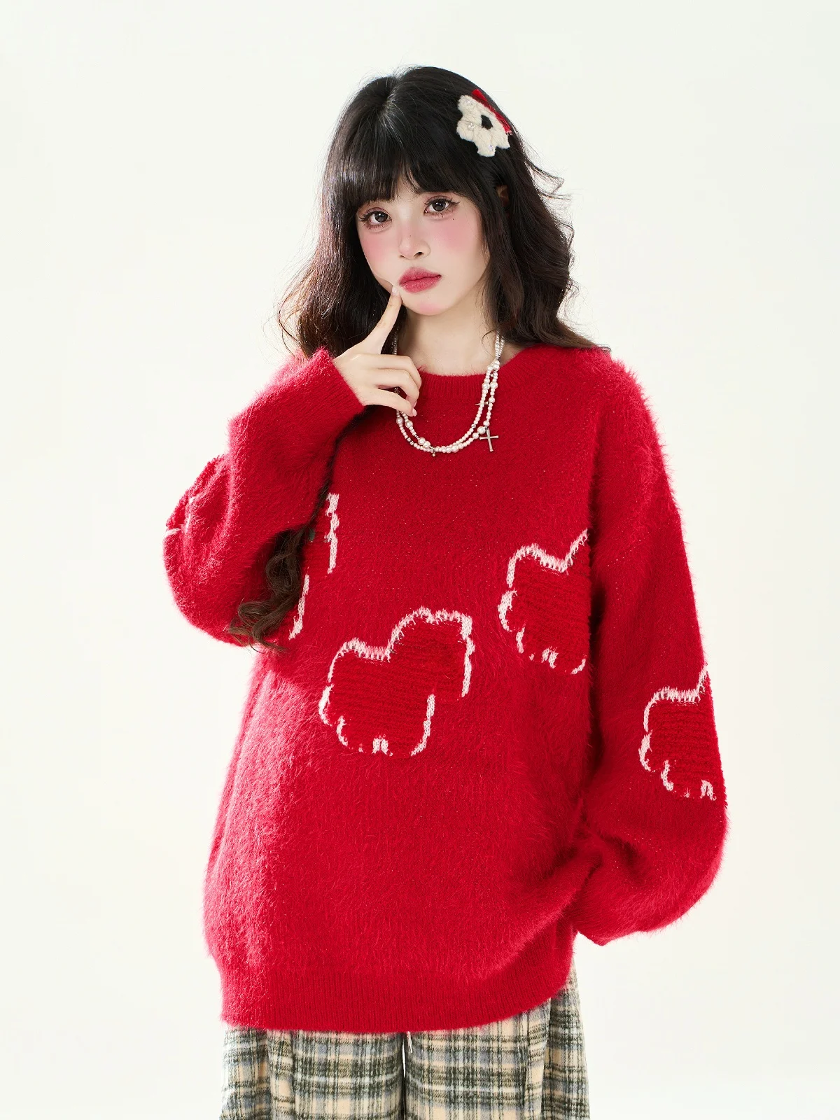 

Женский вязаный свитер ENJOG с красной флисовой подкладкой, осенне-зимний, свободный, утепленный, повседневный, с круглым вырезом, длинными рукавами, верхняя одежда