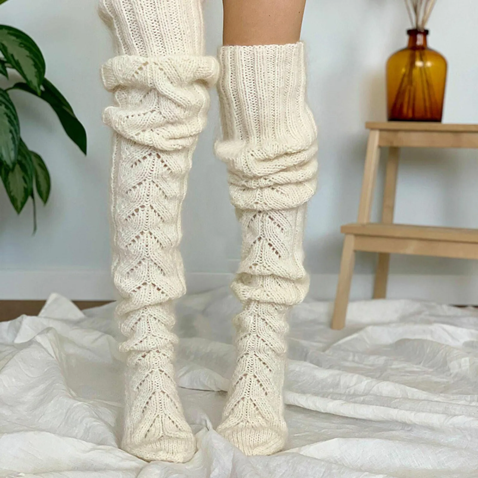 Calcetines largos de punto para mujer, medias hasta la rodilla gruesas y cálidas, medias altas ajustadas eróticas, lencería Sexy, Estética de Color sólido