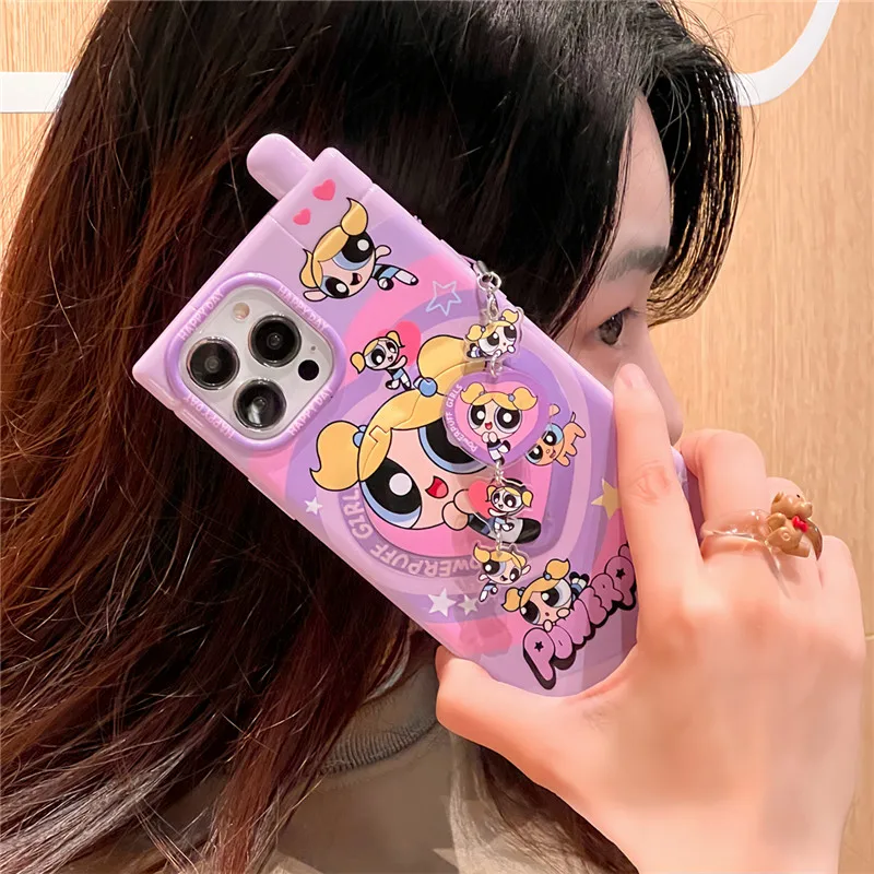 Cartoon Powerpuff Girls Cute Retro Phone Case For iPhone 15 Pro Max 11 12 13 14 15Pro Max Pendant Makeup Mirror Cover