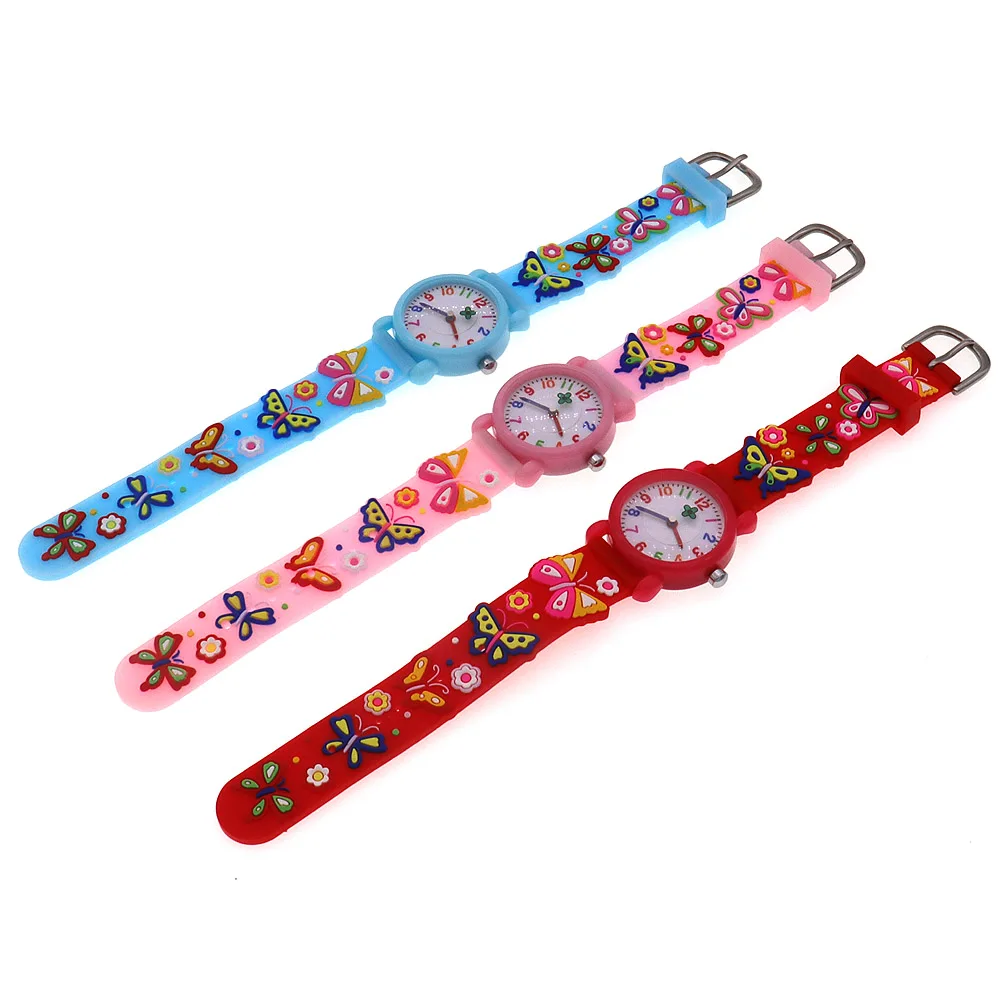 3Pcs Children's Wristwatch Butterfly Flower Design Second Hand Watch for Girls And Boys Kids Watch
