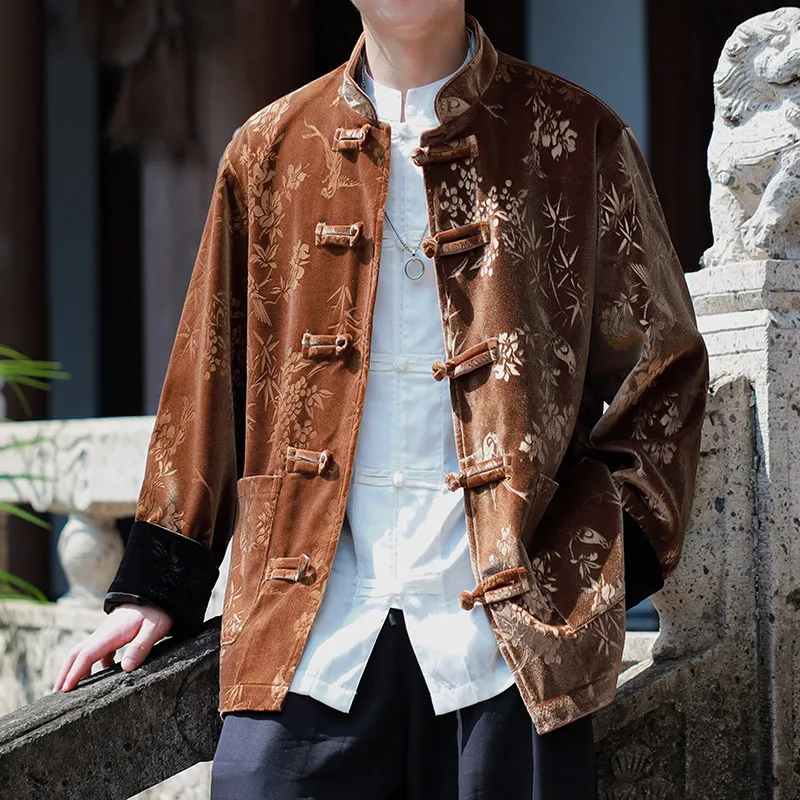 

Мужская вельветовая куртка в стиле ретро с воротником-стойкой, утепленная, в китайском стиле Тан, осенне-зимняя новинка