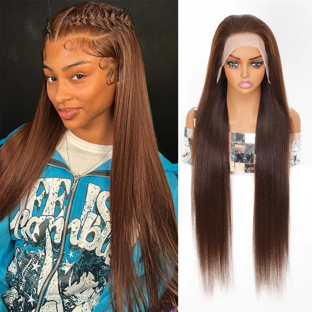 13x4 الشوكولاته براون مستقيم الدانتيل الجبهة الباروكات الشعر البشري 200٪ الكثافة # 4 باروكات شعر بشري مفرود ملون بدانتيل أمامي للصيف