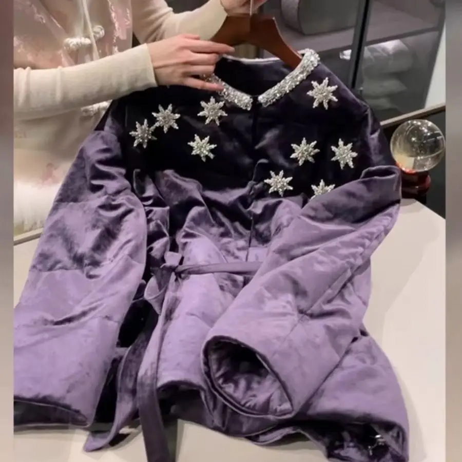 Marque de luxe brillant strass violet veste matelassée femmes nouveau automne hiver haut de gamme qualité épaissir matelassé haut doudoune
