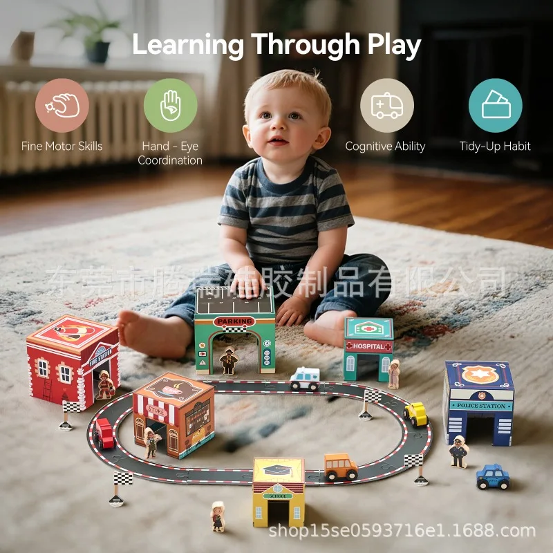 

Wooden City Scene Playset with Buildings Road Tracks Cars and Figures Community Pretend Play Toy for Kids