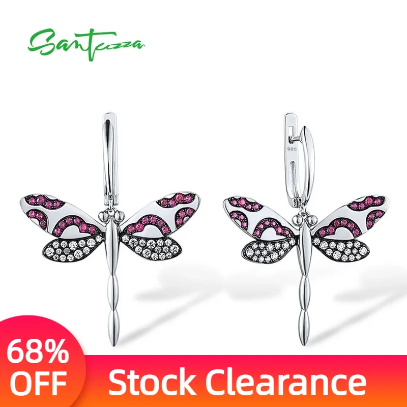 

SANTUZZA Pure 925 Sterling Silver Earrings For Women Lab Created Ruby White CZ Pink Dragonfly Drop Earrings Trendy Fine Jewelry