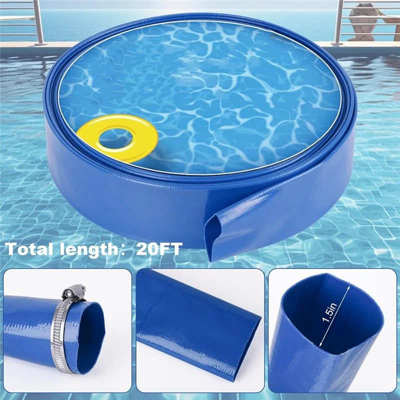 -ABJZ 1.5In X 20 FT Pool Backwash Hose, Flat Sump Pump Hose, Reinforced Discharge Hose With Clamp, Drain Clean Swimming Pools