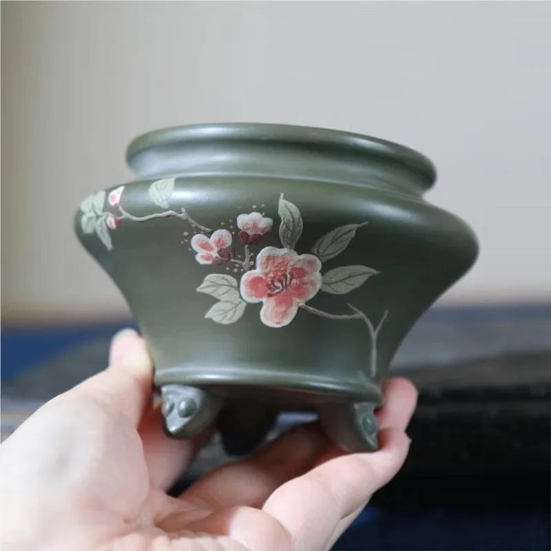 Maceta Arcilla Morada Pintada a Mano con Flores Loto y Ciruelo, Maceta Artesanal para Bonsái, Artesanía de Escritorio