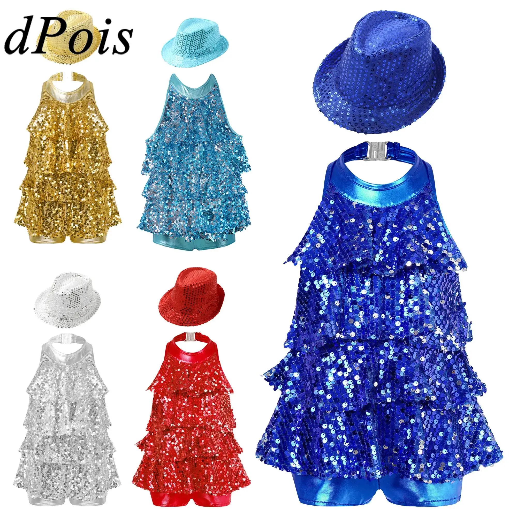 

Kids Girls Halter Shiny Sequins Leotard with Hat Teens Modern Jazz Latin Dance Costume Outfits Dancing Party Dancewear Sets