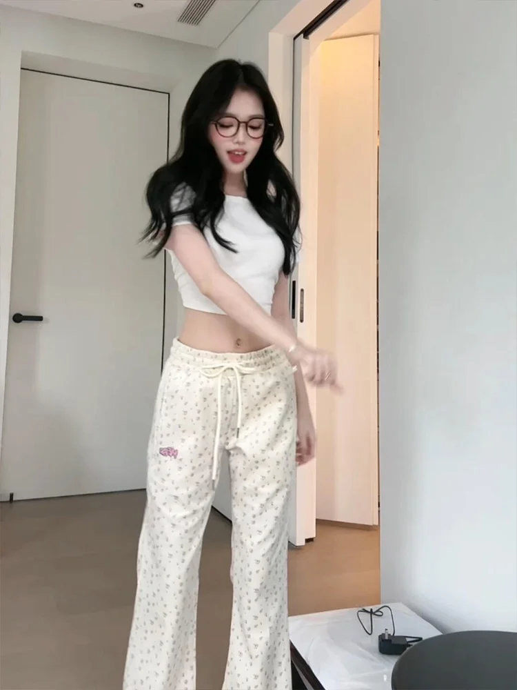 Pantaloni casual micro svasati con stampa floreale Sweet Sister Primavera Autunno da donna Dimagranti Taglia piccola Vita alta Drapey Sport Wide Le...