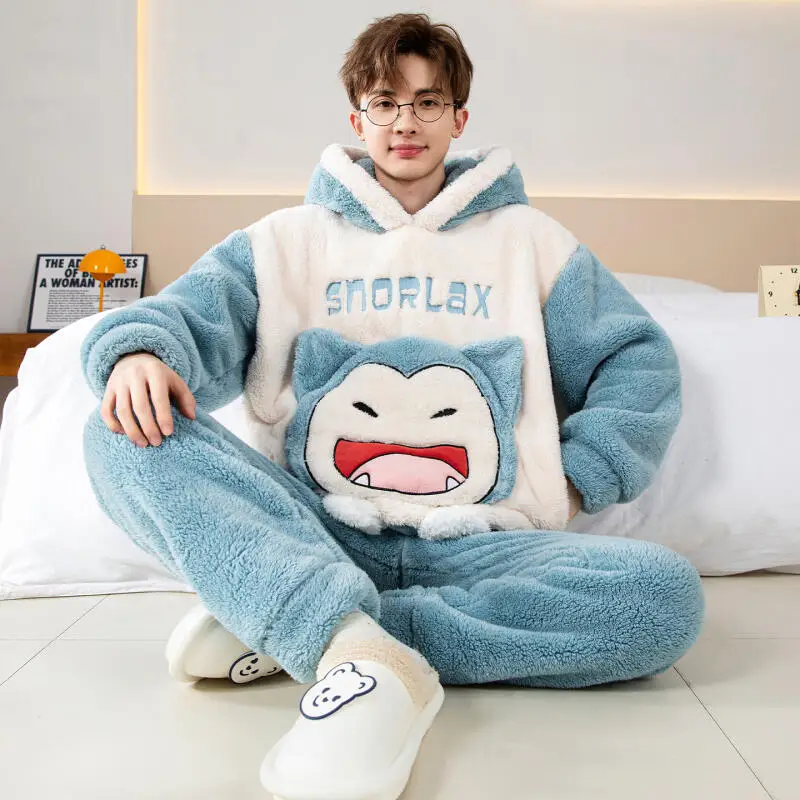 Мужские пижамы с рисунком Покемон Пикачу Снорлакс Генгар, зимние толстые теплые домашние костюмы с капюшоном, комплект праздничного подарка другу