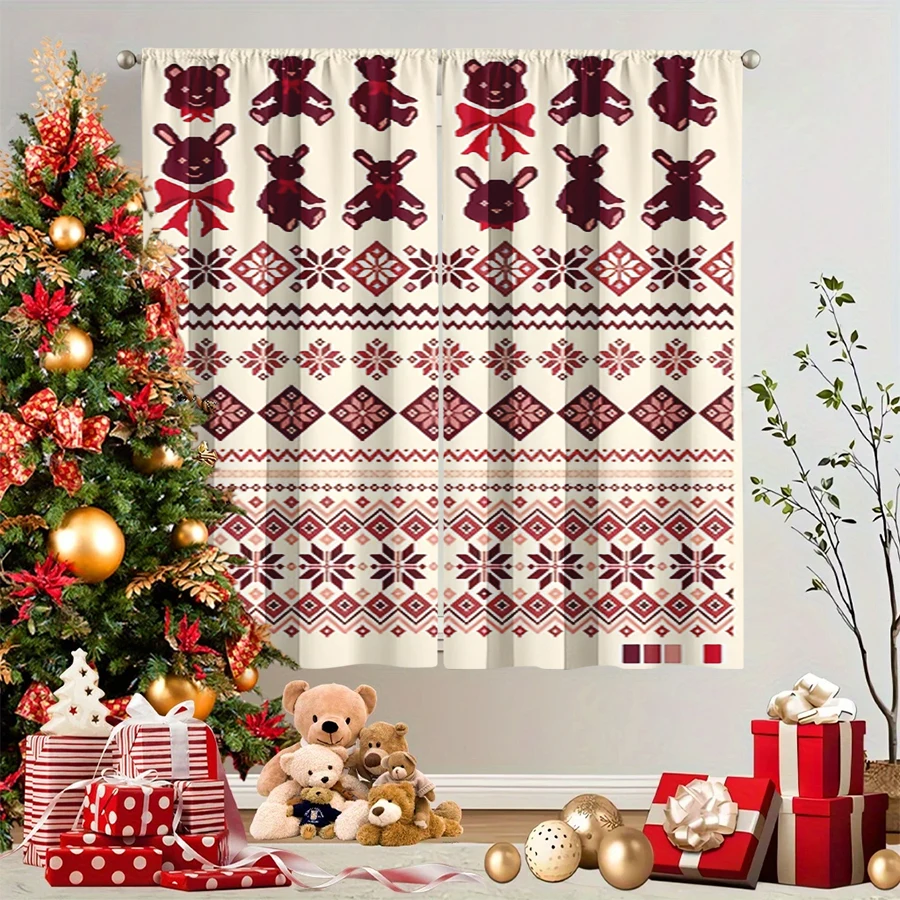 2PCS Christmas Winter Curtains, Knit Bear Rabbit Bow Fair Isle Burgundy Beige, Digital Print, Bedroom Living Room, Home Decor