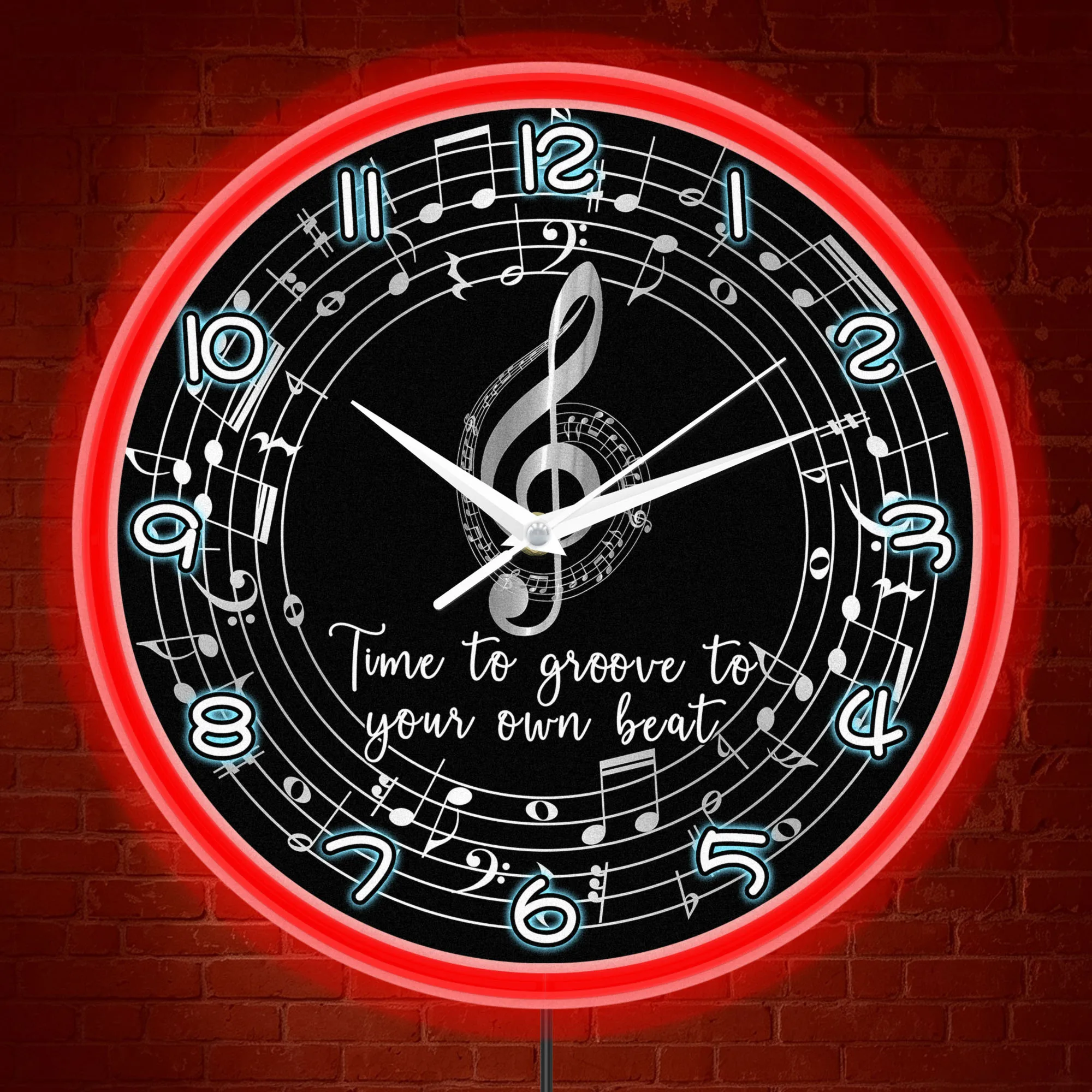 Vintage Treble Clef Music Quote LED Neon Wall Clock for Music Studio Recording Room Musical Notes Wall Clock Glow in the Dark