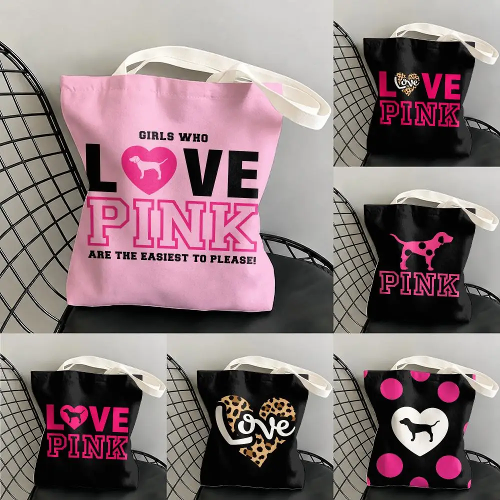 Fashion Love Art Pink Design Storage Bags Large Capacity Canvas Tote Bag Double-Sided Print Shoulder Handbag for Daily Shopping